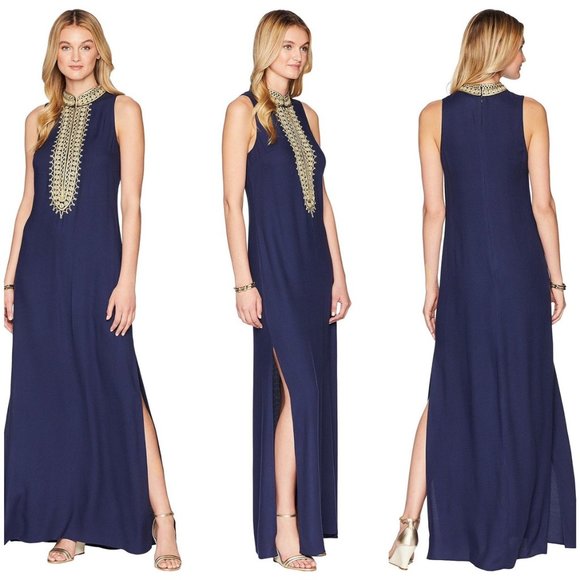 Lilly Pulitzer Dresses & Skirts - LILLY PULITZER Jane Maxi Dress True Navy Bamboo Pull Tassel Front Side Slit Co